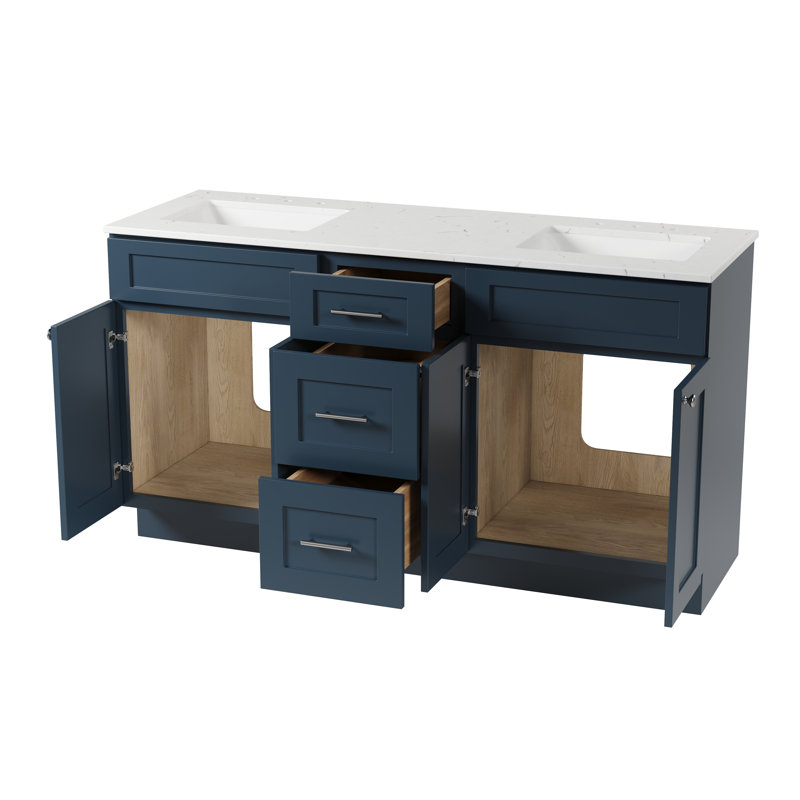 Meuble-lavabo double autoportant 63 po avec plateau en quartz Carrara, 63 po, 3 tiroirs, Bleu