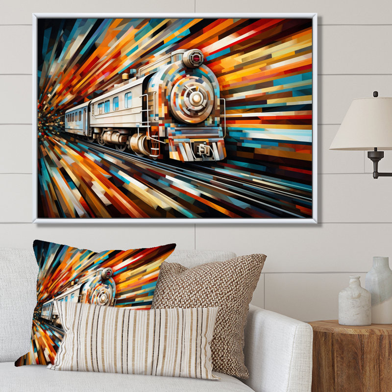 " Abstract Train Geometric Express I ", White Floater Framed, 24" H x 32" W x 1" D