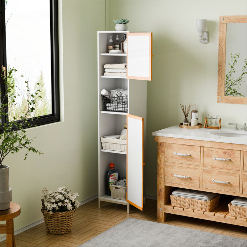 Armoire de rangement pour salle de bain haute avec portes en bambou - naturel / blanc