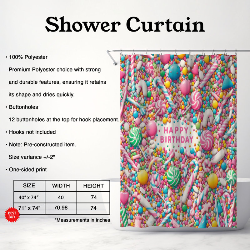 Party Candy - Rideau de douche standard 1 pièce, H 74 po x l 71 po