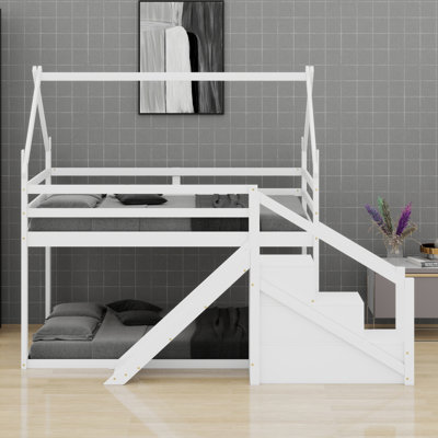 Solid Wood Frame House Loft Or Bunk Bed With Slide And Staircase