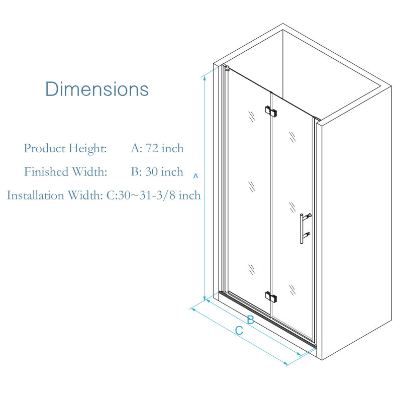 Shower Door 30'' - W x 72'' H Door Frameless Shower Door with, Polished Chrome