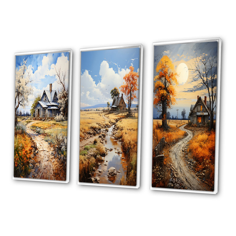 «Farmhouse Country Elegance Pointillism», 3 pièces sur toile, Cadre blanc, H 32 po x l 48 po