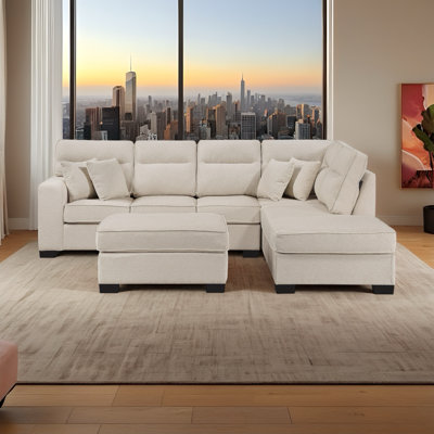 L‑Shape Sectional Sofa with Chaise & Ottoman, Modern Fabric Corner Couch with Reversible Chaise Lounge for Living Room