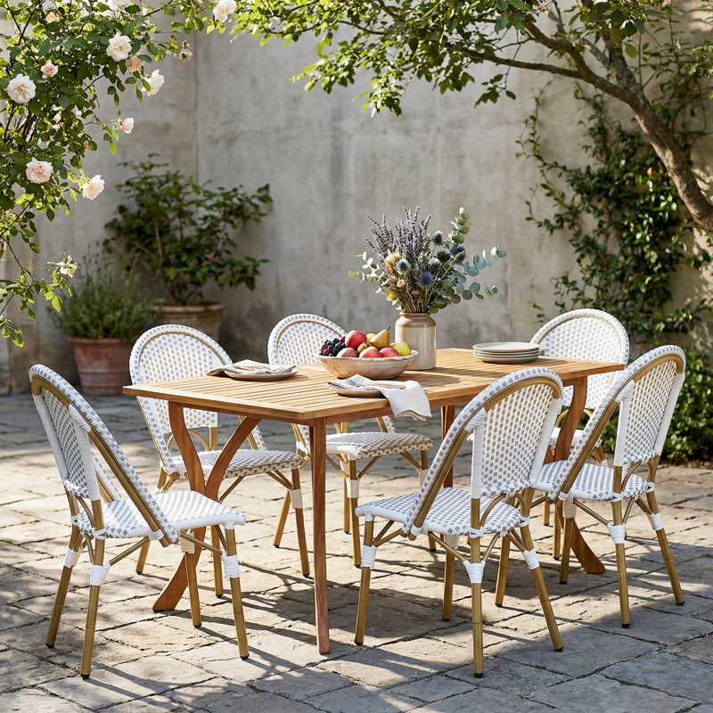 Marseille 7-Piece french Aluminum & Acacia Dining Set With Handwoven PE Rattan Detailing, Gray/White Wicker/Bamboo Print