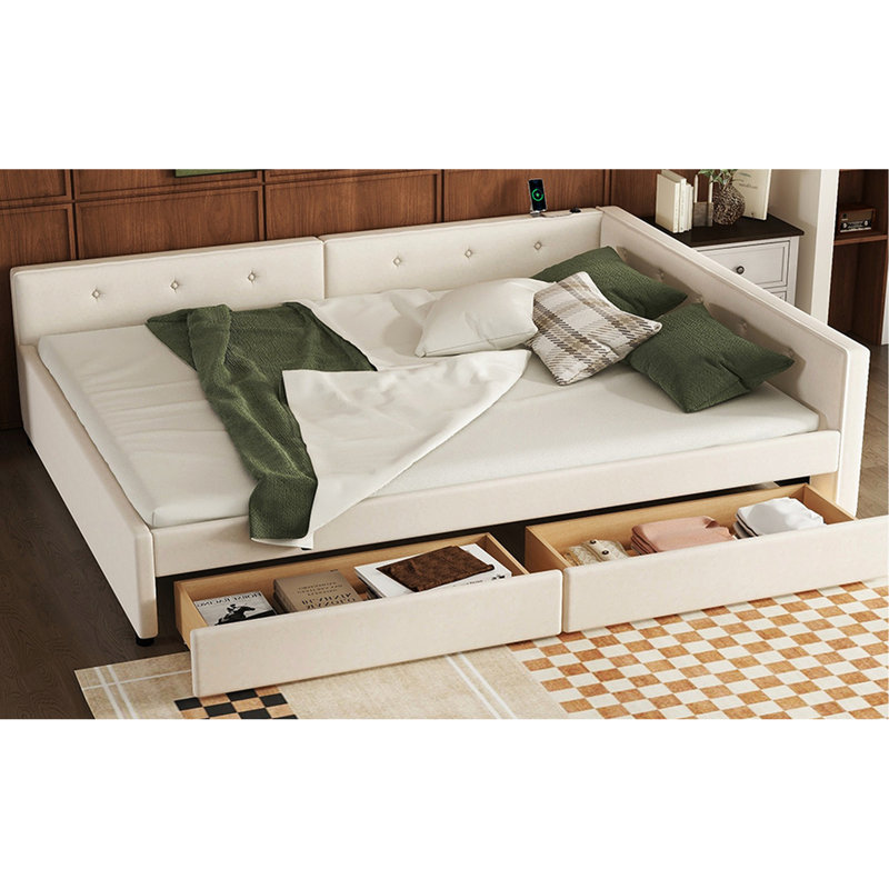 Grand lit plateforme beige avec 2 boîtes à tiroirs et poignées fonctionnelles, tapissier, Grand lit
