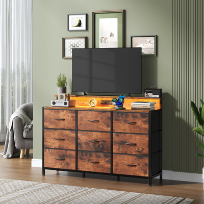 TV Stand for up to 55 inch TV, Entertainment Center with LED Lights & Charging Station, TV Media Console Table with 9 Fabric Drawers and Open Shelves, Storage Dresser