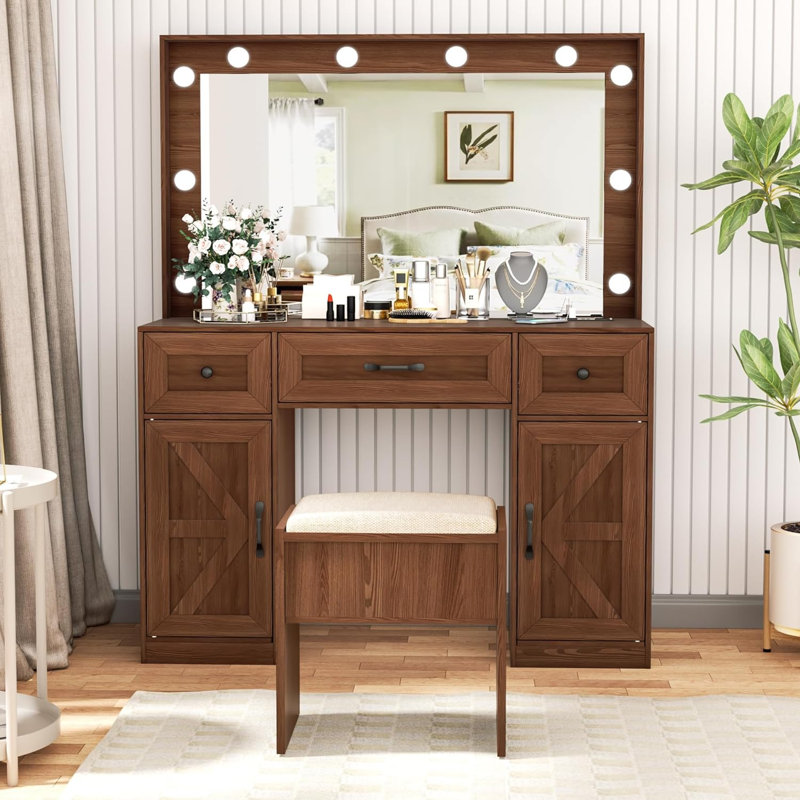 Makeup Vanity Desk with Large Mirror and 10 LED Lights, Outlet and stool included(Black), Brown