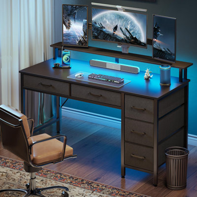 Linze Computer Desk w/ Monitor Shelf, RGB LED Lights, USB Ports & Drawers