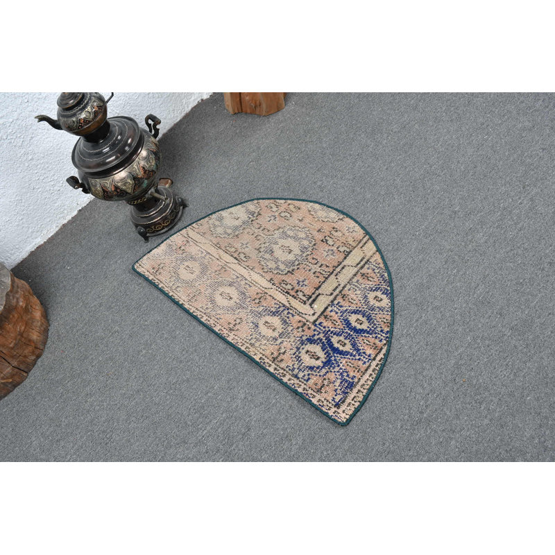 Vintage Turkish Semi Circle Handmade Bohemian Carpet with Ethnic Pattern for Decorative Entryway Blue/Orange