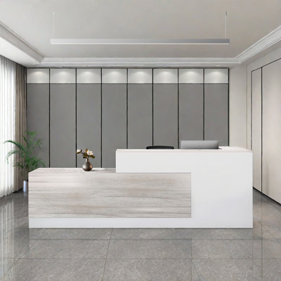 L-Shaped Reception Desk with Lockable Drawers, Computer Desk, and Storage Shelves/Front Desk