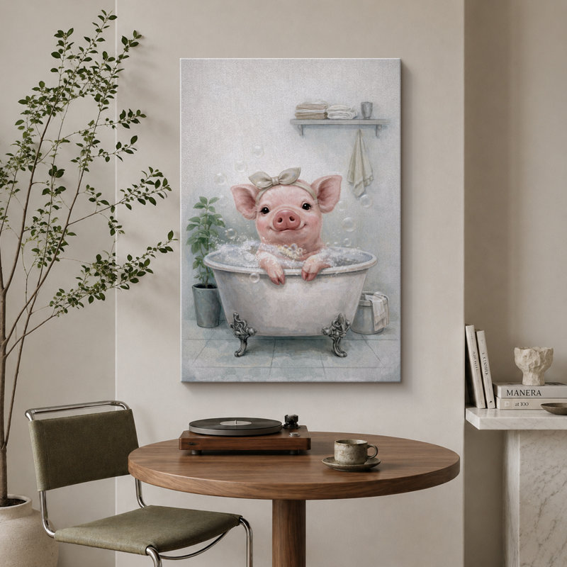 Œuvre mignonne de porcelet avec bain moussant, images de salle de bain, impression sur toile encadrée, Toile tendue