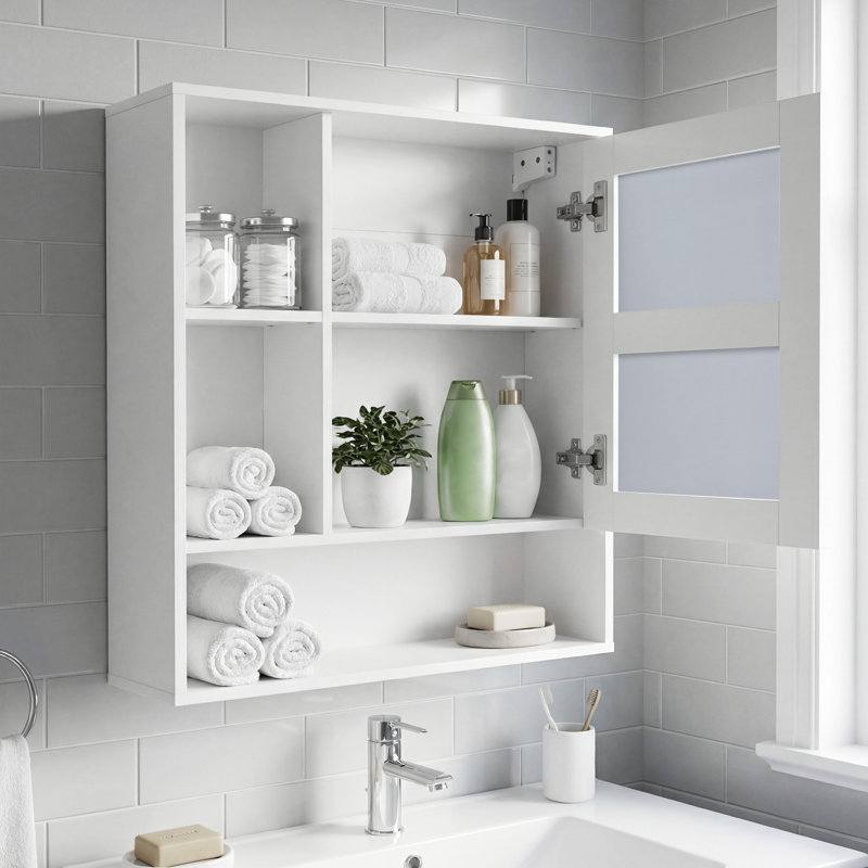 Bathroom Wall Mirror Cabinet Space-saving Wall Mounted Wooden Storage Cabinet w/ 3 Open Shelves, White