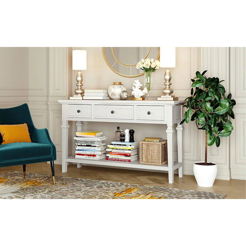 Console de style rétro classique avec trois tiroirs supérieurs et une tablette inférieure de style ouvert, facile à assembler (blanc antique)