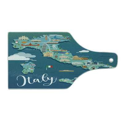 Ambesonne Italy Tempered Glass Cutting Board Map with Touristic Places Multicolor