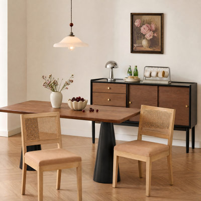 Ensemble de 2 chaises de salle à manger modernes en rotin du milieu du siècle, chaises d'appoint de cuisine de style campagnard avec dossier en canne, cadre en bois dur naturel, assise rembourrée en éponge douce et ressorts en S, revêtement brun taupe