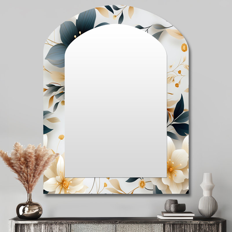 Blue White Chrysanthemum Flowers Boho Pattern - Floral Arch Decorative Wall Mirror, Cottage Asymmetrical Mirror, Printed Metal Art