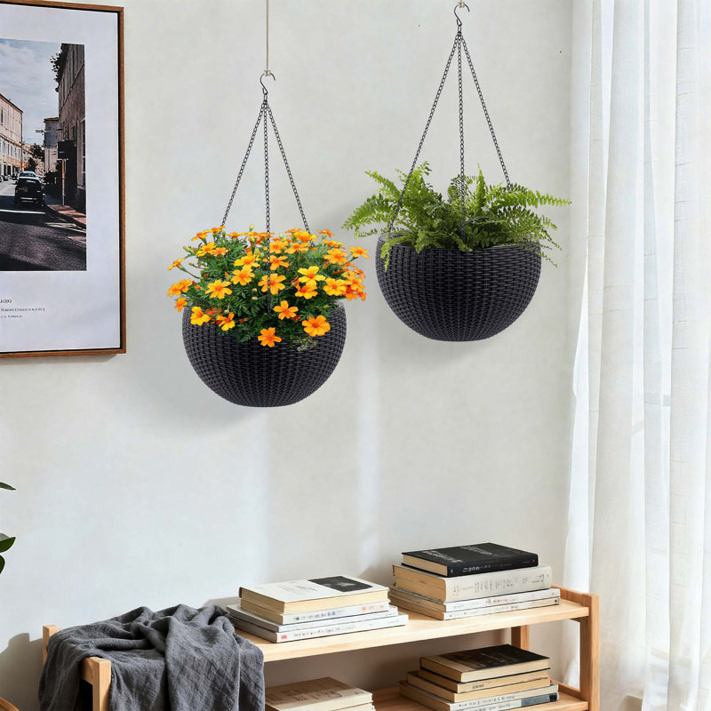 13.4 Inch Self-Watering Hanging Rattan-Inspired Planter Large Capacity, Root-Rot Resistant Water Storage With Water Level Indicator, Dual-Use For Indoor & Balcony Decoration (Pack Of 2, Black)