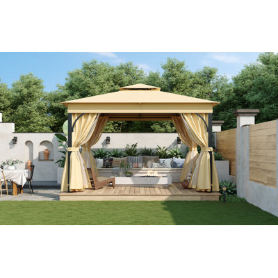 Tente de pavillon d'extérieur 10 x 12 pi avec toits doubles, pavillon de jardin avec moustiquaire et écrans d'intimité, auvent de patio pour l'ombre et la pluie pour la cour, le jardin, la pelouse et la terrasse (beige)