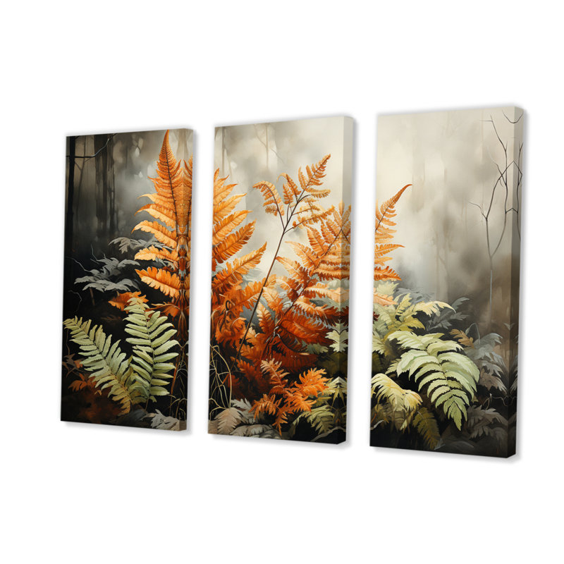 Fougères ambrées, impressions sur toile, 3 pièces, H 28 po x l 36 po x P 1 po