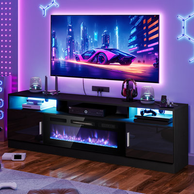 Gaming TV Stand for TVs up to 80"/90", Media Console with Electric Fireplace and Power Outlets, Large Storage Space by Ivy Bronx