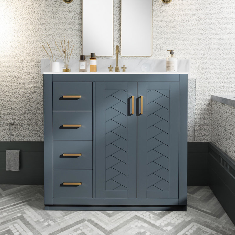 Meuble-lavabo sur pied 36 po avec lavabo en céramique, structure en bois massif, 3 tiroirs, portes à fermeture en douceur