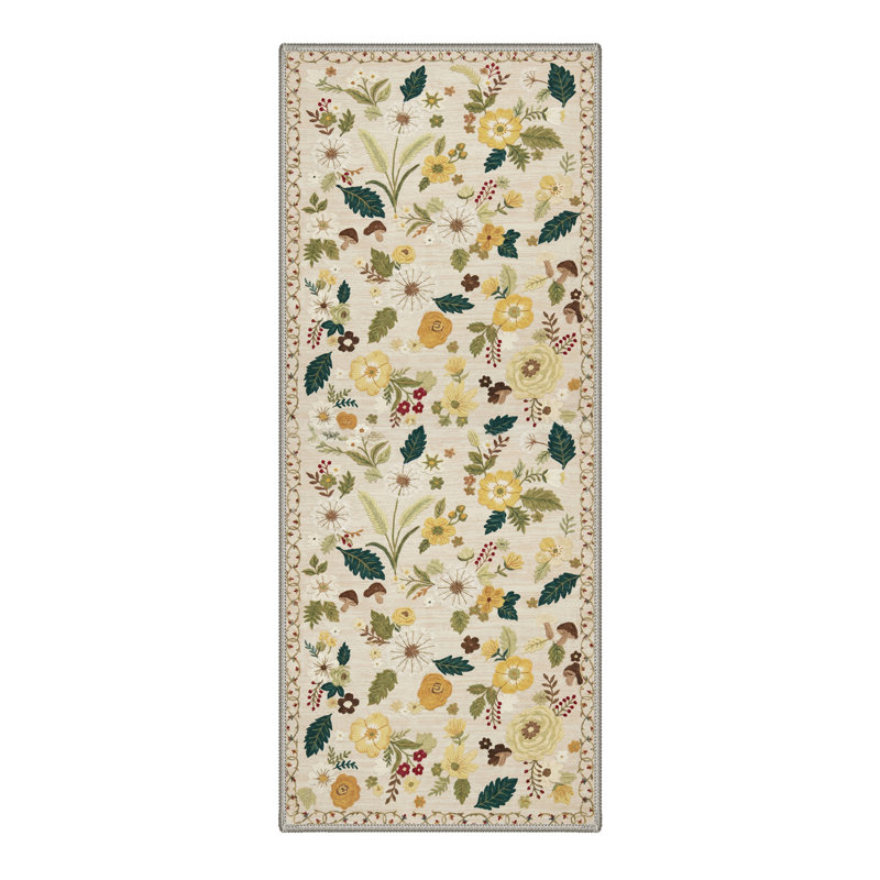 Cogswell Floral Poppy Machine Washable Begie/Green/Yellow Indoor Area Rug With Non-Slip Backing, Runner 2'6" x 8'