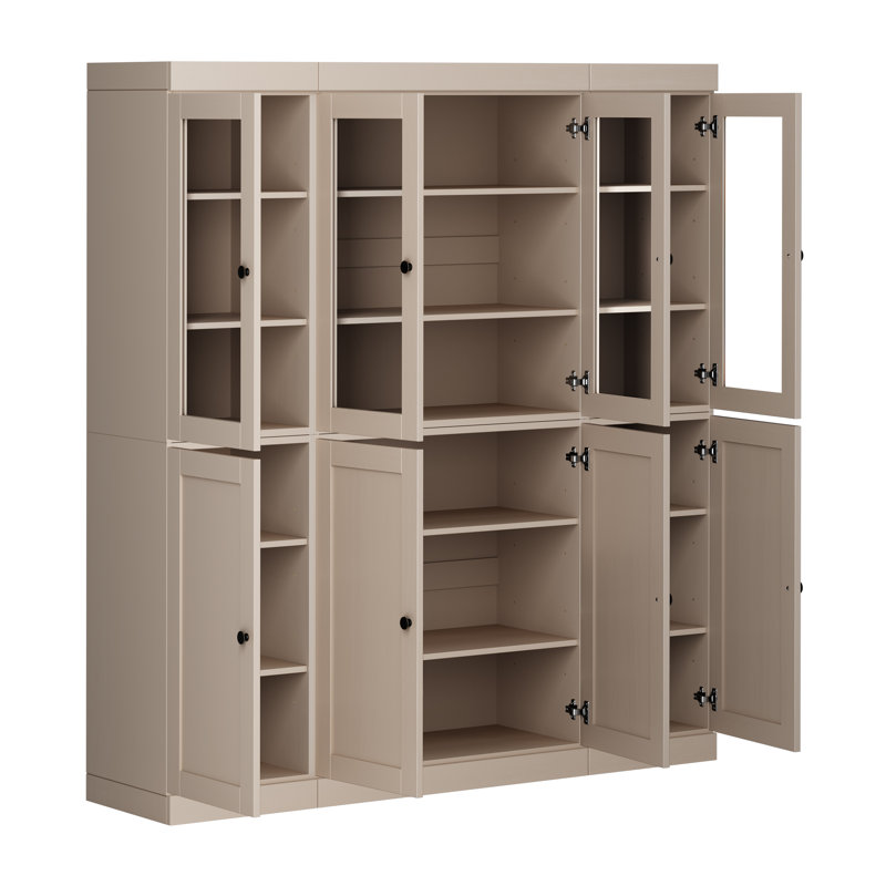 100% Solid Wood 65" Pantry China Cabinet with Clear Glass, Shaker Doors and Adjustable Shelves, Beige