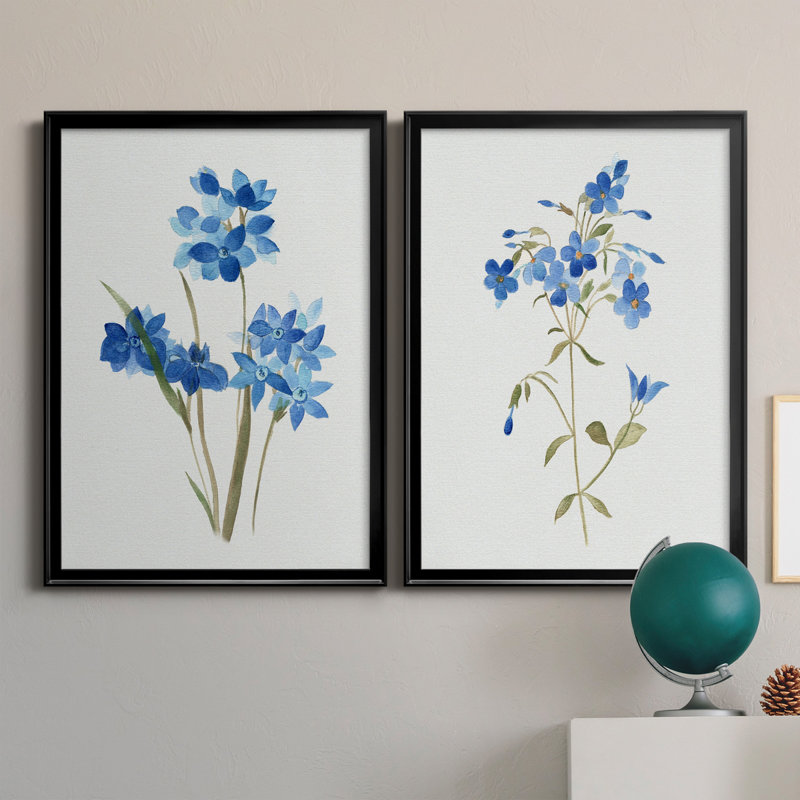 «Blue Blossom Botanical I», ensemble de 2 peintures sur toiles, H 30,5 po x l 42,5 po x P 3 po, Toile encadrée noire