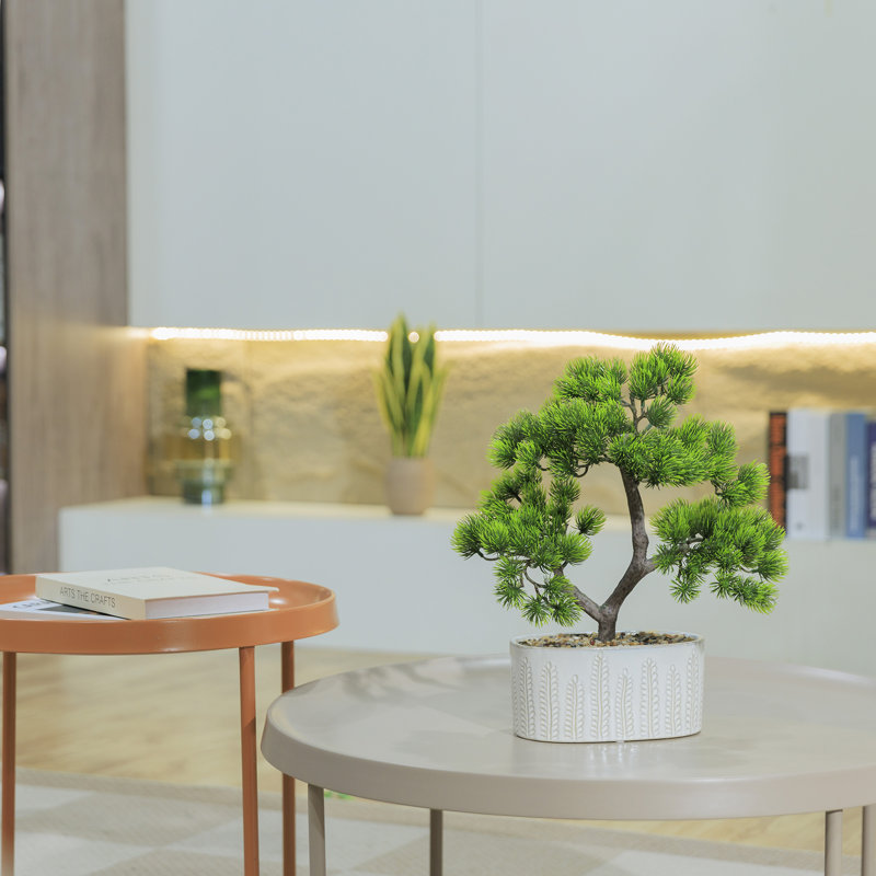 2-pack 14” Faux Bonsai Trees With Real Touch Leaves, In A Modern Geometric Ceramic Vase