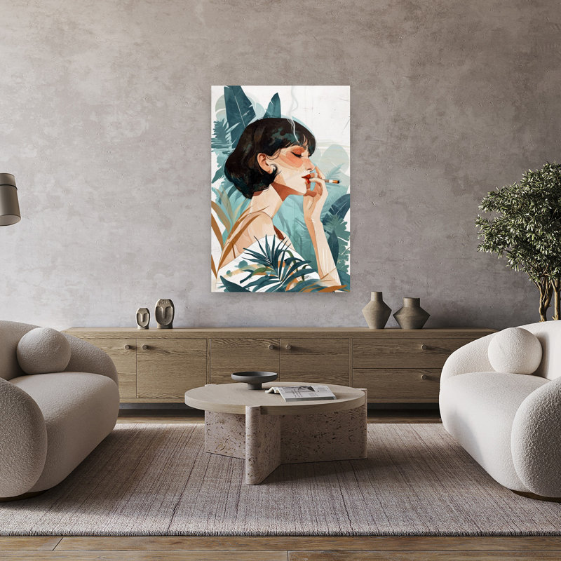 Pensée fumant une femme, abstrait, rétro, paysage rétro, art mural, 48" H x 32" W