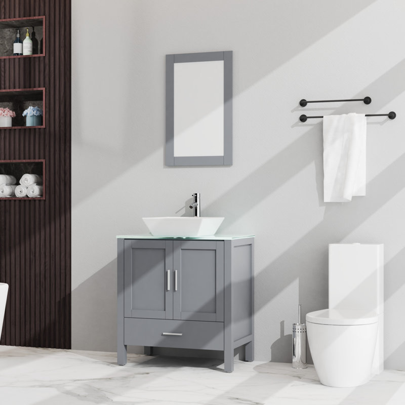 Lavabo de salle de bain 30 po, gris. Lavabo en céramique. 2 portes et 1 armoire à tiroirs. Rangement généreux. Plateau en verre trempé au design élégant. 2 portes et 1 porte spacieuse facile à nettoyer