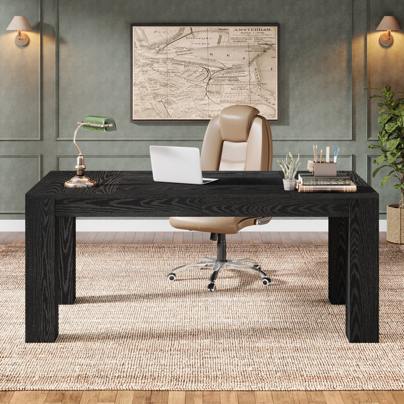 Grand bureau de direction 63 po, bureau d'ordinateur rustique simple pour bureau à domicile, Noir