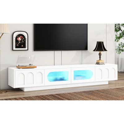 Stylish Tv Cabinet For 95" Tvs, White, With Tempered Glass Doors And Mobile -Managed Led , Functional Console Storage Cabinets Modern Stand Screens, Fluted -Controlled Lights, Drawers
