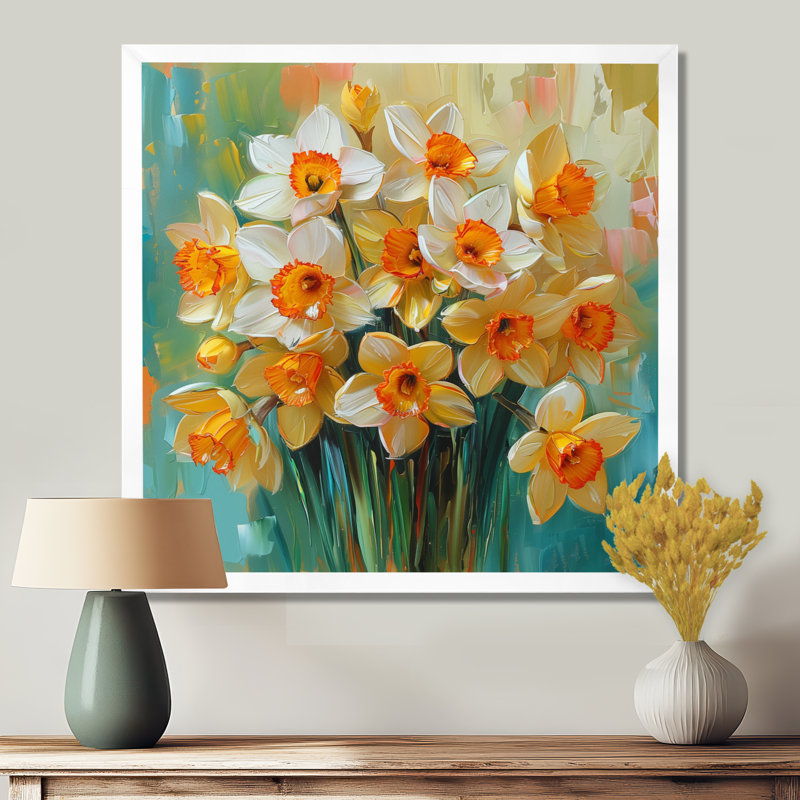 Décoration murale Bloom, orange, nature morte, jonquilles I - Jonquilles, H 16 po x l 16 po, Cadre simple blanc