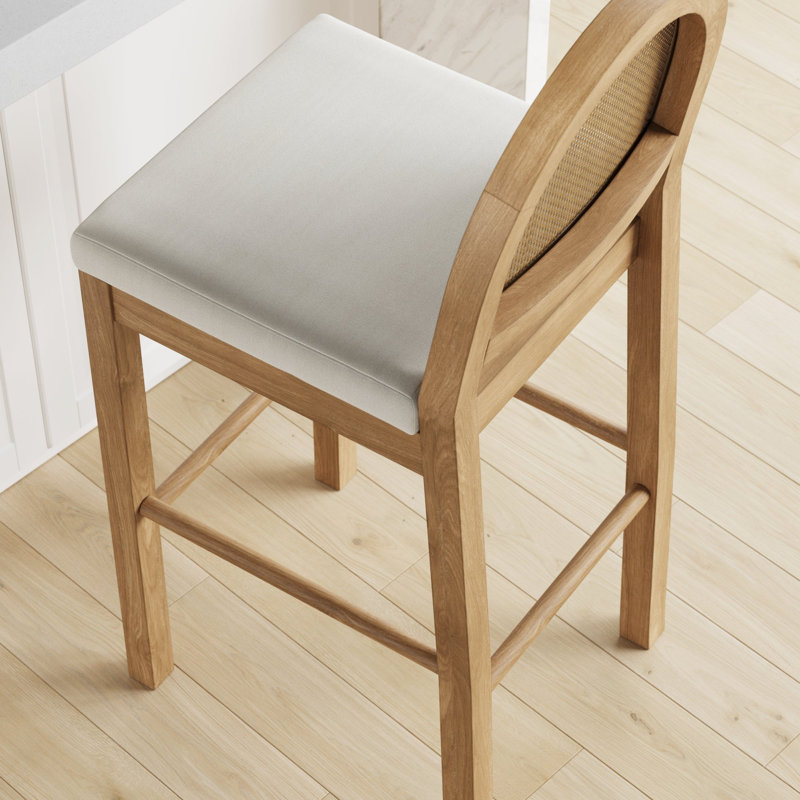 Tabouret de bar rembourré Boucle avec dossier en rotin tissé, Crème / brun clair, 1