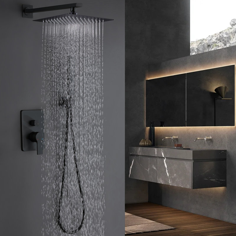 Système de douche complet à pression équilibrée avec pomme de douche à valve brute, Noir mat