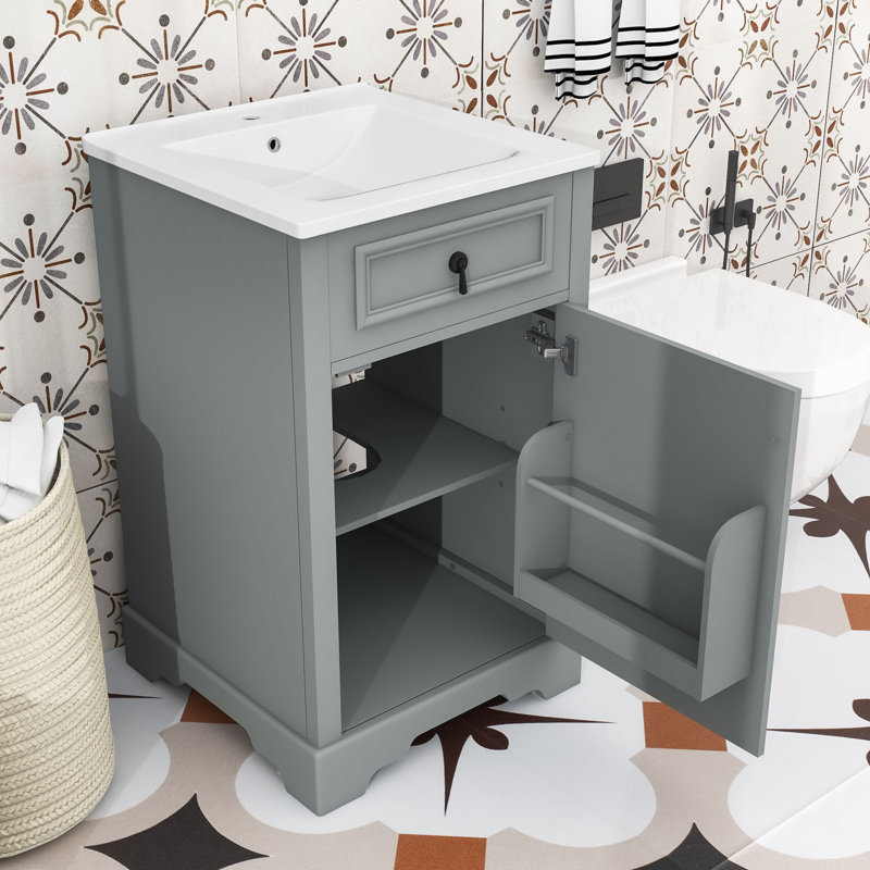Meuble-lavabo simple contemporain en bois avec porte à fermeture douce, lavabo en céramique et tablette réglable, Gris
