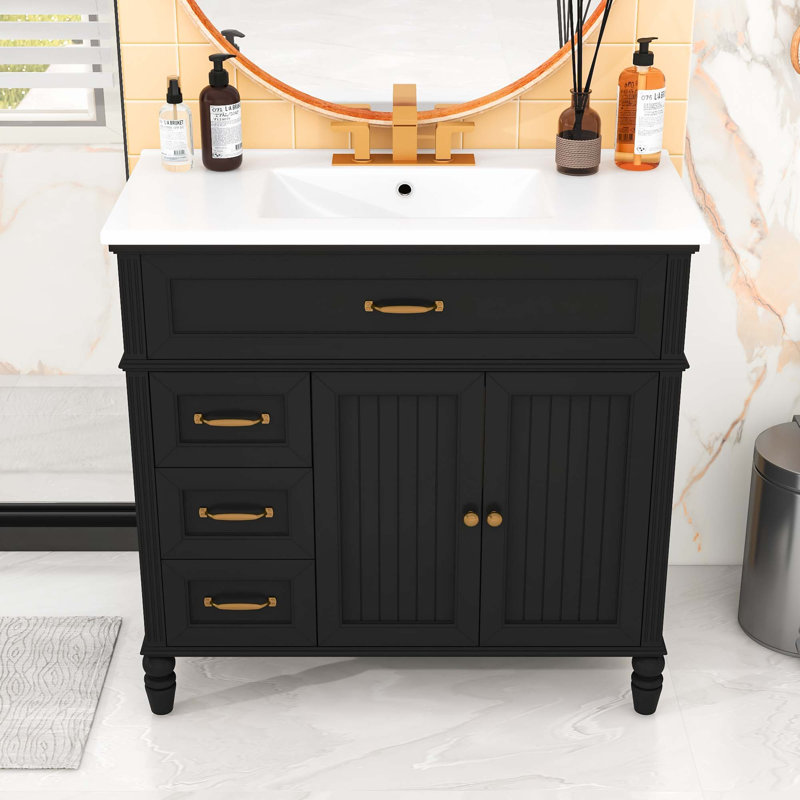 Meuble-lavabo de salle de bain avec lavabo, portes à fermeture douce et tiroirs, Noir