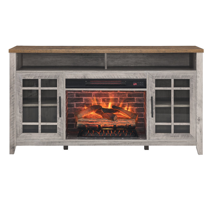  55 inch Wide TV Stand with Electric Fireplace for TVs up to 60 inch, Infrared Quartz Heater Entertainment Center with Glass Doors, Reclaimed Barnwood
