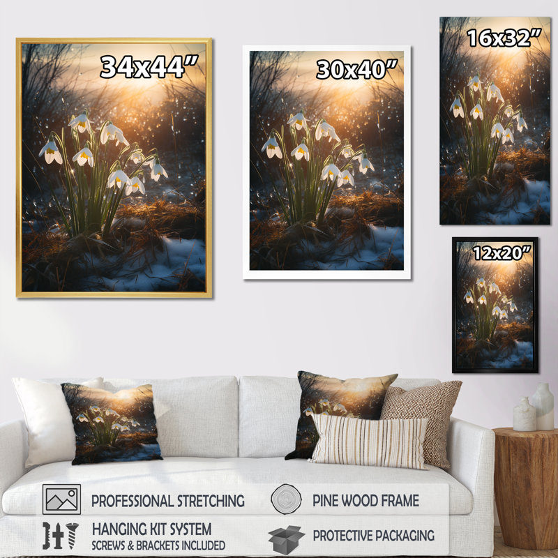 «Green Snowdrops Winter Sunset - Décoration murale Snowdrops», Cadre naturel flottant, H 32 po x l 16 po