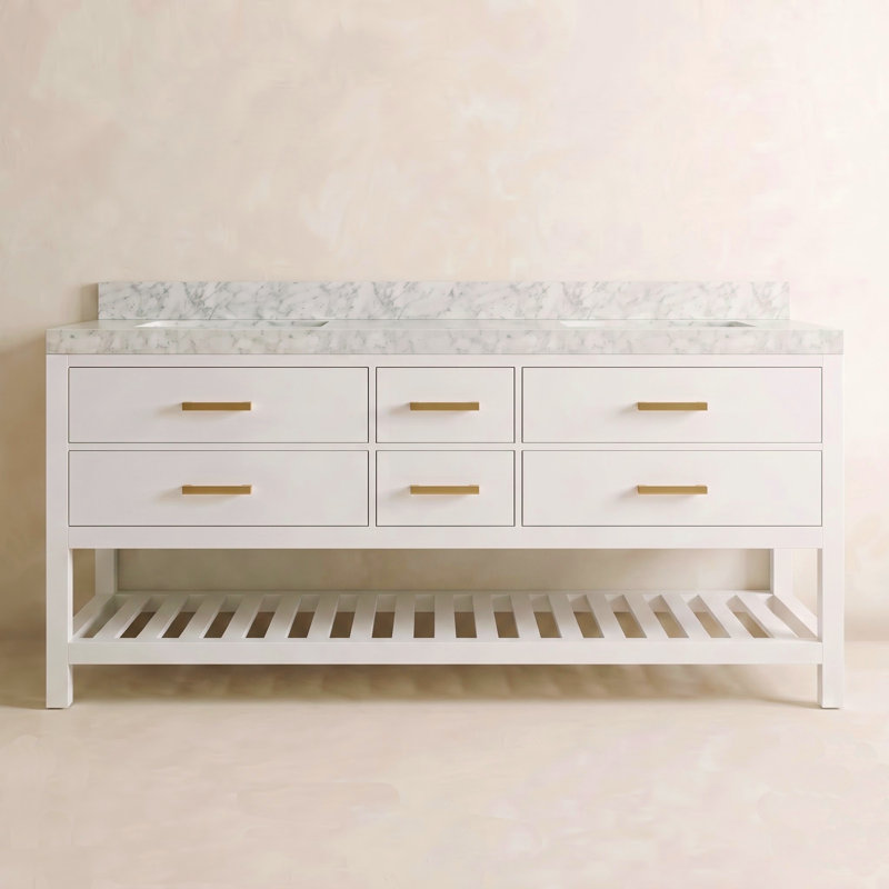 Carrie 72'' Double Bathroom Vanity with Carrara Marble Top, White | Brushed Gold