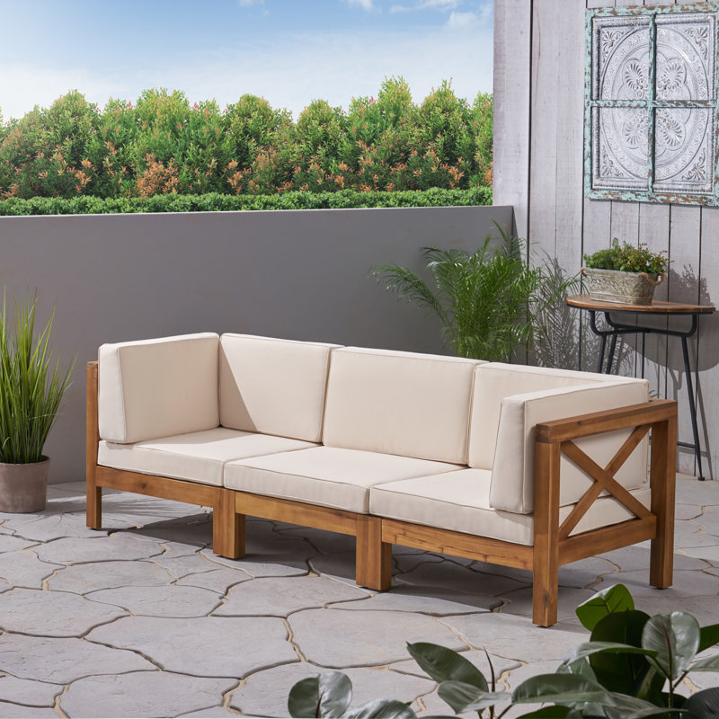 30.3'' Wide Wood Patio Sofa with Cushions, Teak Frame / Beige Cushion