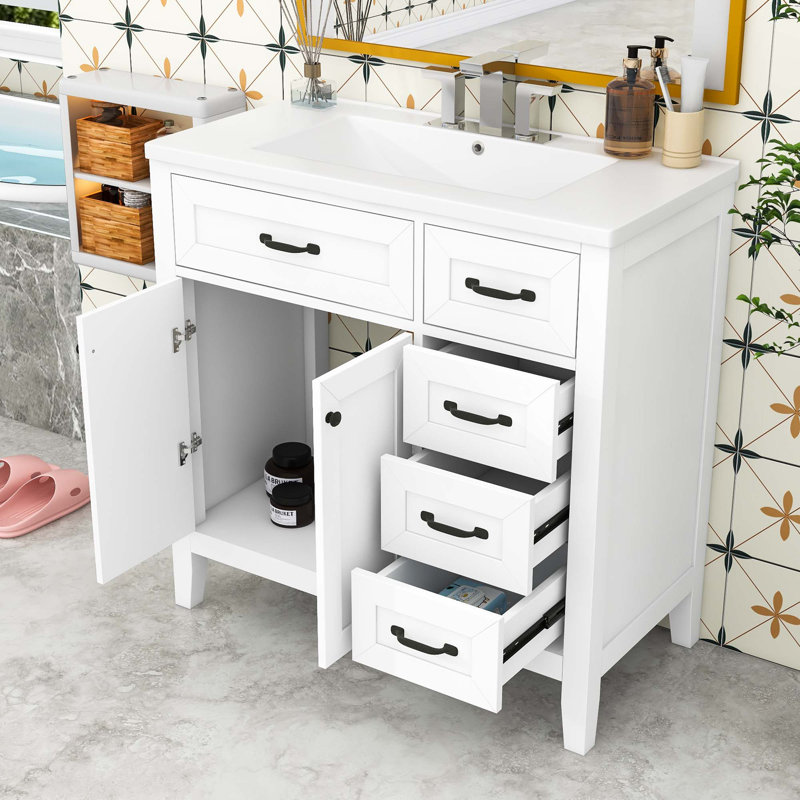Ensemble de meuble-lavabo simple en bois avec plateau en céramique, meuble-lavabo et tiroirs de rangement Tinth, Blanc