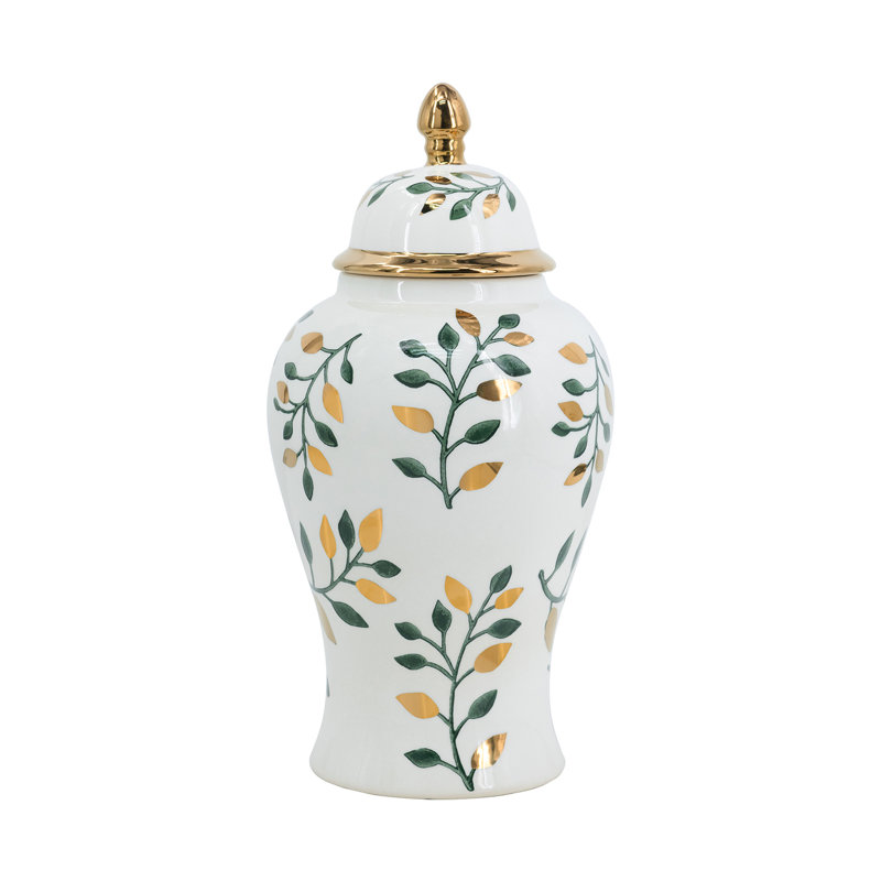 Ginger Jar - Green/Gold/White, 15.9" H x 8.1" W x 8.1" D