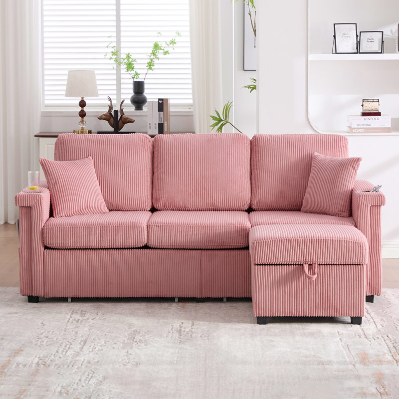 L-Shaped Sectional Sofa with Pull-Out Storage, Ottoman & Pillows, Pink