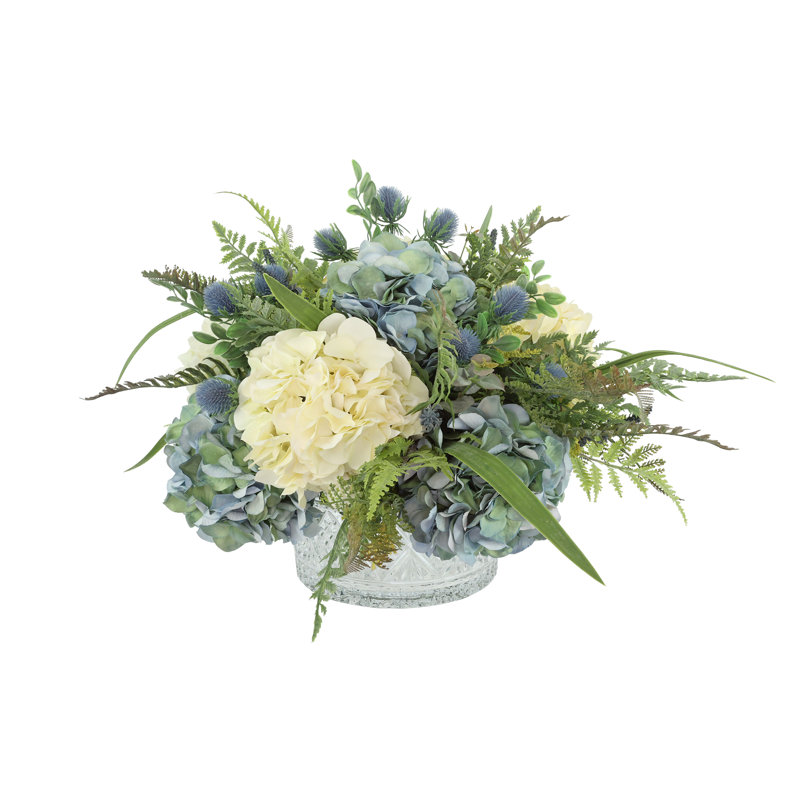 Betsy Miller Hydrangea Floral Arrangement in Glass Vase, Blue/Green