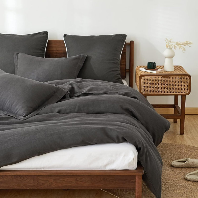Ensemble de housse de couette 100% lin, Housse de couette très grand + 2 taies d'oreiller, Gris foncé