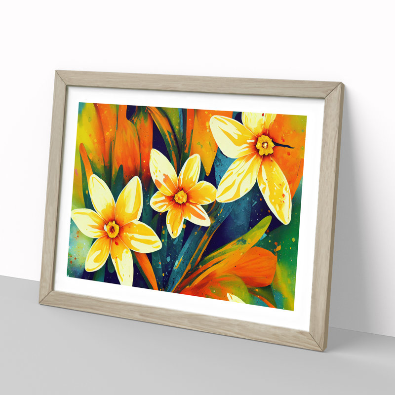 Daffodil Flower Splash Vol.3 Abstract - Single Picture Frame Print, 46cm H x 64cm W x 2cm D, Oak