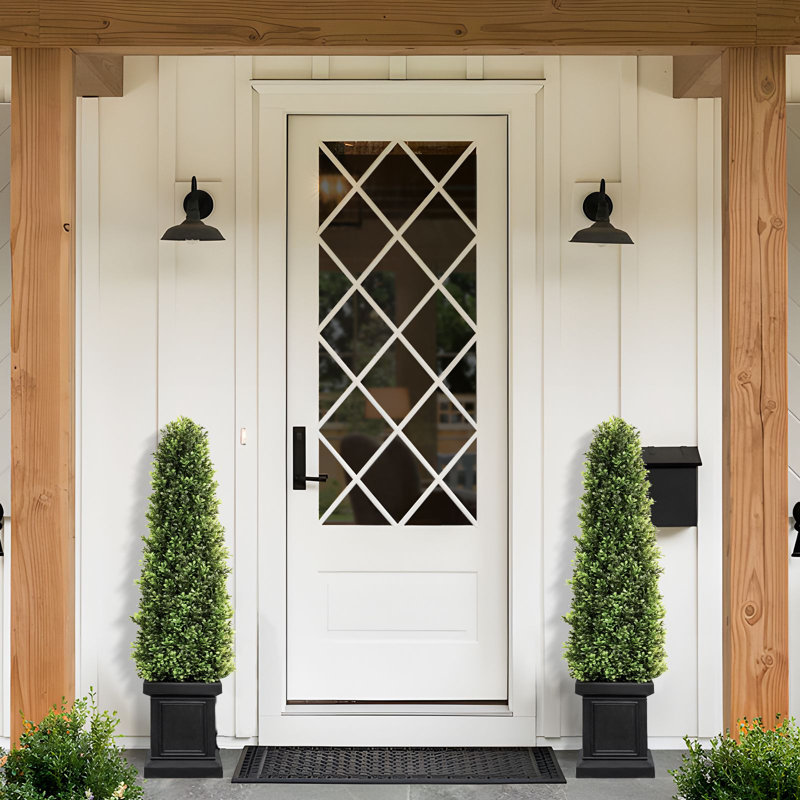 4ft Boxwood Outdoor Topiary Set of 2, Tall Porch Trees, All-Year Green Fake Plant Topiary Trees Artificial Outdoor with Sturdy Pot for Porch Indoor (Square)